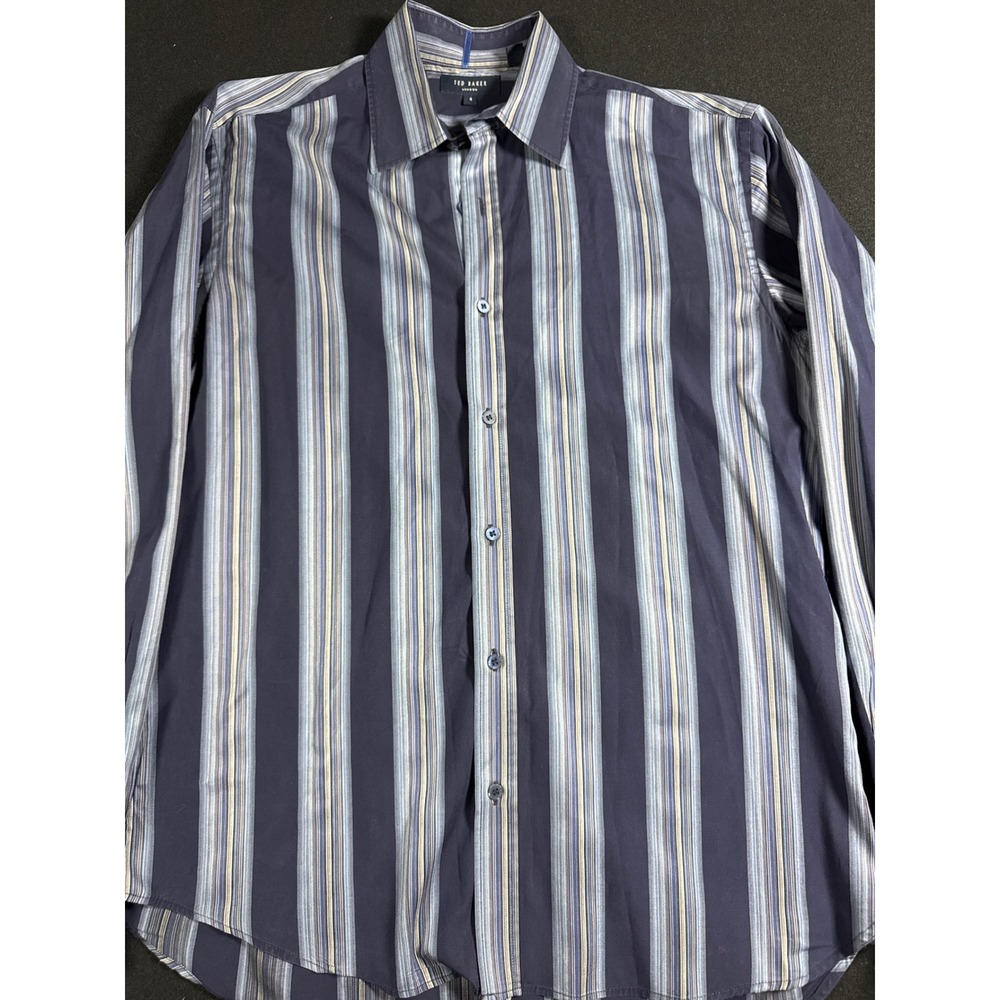 Ted Baker London Mens Navy Blue Striped Long Sleeve Button Down Shirt Size 4 L